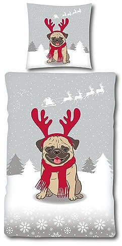 Casa Colori Kinder Bettwäsche 135x200 cm 2 TLG. RV Fleece kuschelig weich in Grau mit Hund Mops