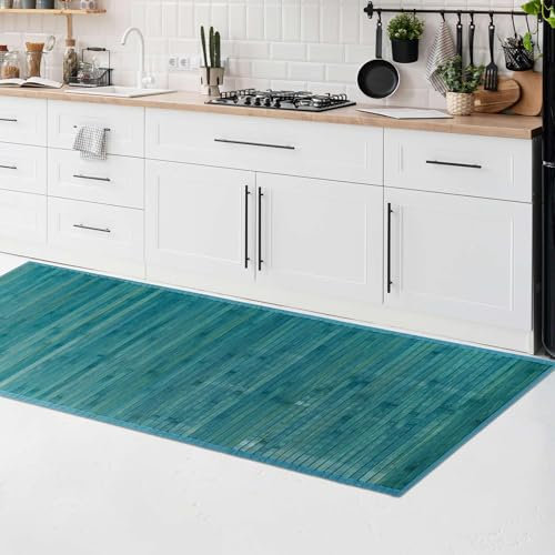 CosìCasa Bambusmatte Badematte Holz rutschfest | Nachhaltiger Bambusteppich, Küchenläufer, Duschvorleger | rutschfeste Badematte Bambus | Holzmatte für Bad & Küche (Einfarbig Blau, 50 x 100 cm)