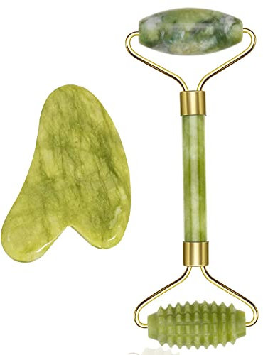 Jade Roller & Gua Sha Set - Face & Neck Massager, Eye Puffiness Treatment, Skin Tightening, Natural Green Slimming Massager (Roller-1)
