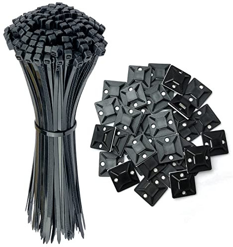 Oksdown 100 Stück Kabelbinder schwarz 250×3.6mm Lang Nylon Kunststoff groß Cable Zip Ties 60 Stück Starke Montagesockel Klebesockel Schraubsockel 25 x 25 mm Kabel Binder Set Kabelband Kabelmanagement