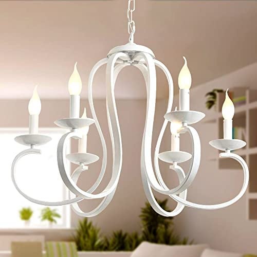 Lfoute Antik Kronleuchter Kerze Hängende Lampe Vintage Eisen Pendellampe Französischer Landhausstil Für Restaurant Kücheninsel Esszimmer Schlafzimmer Foyer Rustikale Pendelleuchte 6 Heads,Weiß