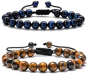HSAJS Ajustables Pierre Naturelle Œil Tigre Bleu Cordon Tressé Perles Rondes 8mm Bijoux Unisexe