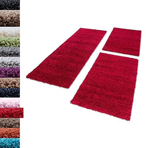 Carpettex Bettumrandung Schlafzimmer 3teilig Shaggy Teppich Hochflor Einfarbig Rot Bettset:2 mal 60x110 + 1 mal 100x200 - Bettvorleger Schlafzimmer Läuferset Weicher Flauschig Bettumrandung Teppich