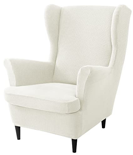 JHLD 2 Stück Stretch Husse für Ohrensessel - Weiche Jacquard Schonbezug Mit Elastischem Boden für Wohnzimmer - Creme