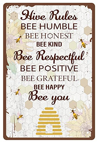 CREATCABIN Metal Tin Sign Hive Rules Bee Humble Bee Honest Bee Kind Vintage Inspirational Quotes Wall Decoration for Home Kitchen Bathroom Farm Garden Bar Pub Garage Poster Plaque 8 x 12 Inch