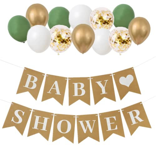 Baby Shower Banner Birthday Bunting with Balloons Sage Green Gold for Birthday Party Decorations