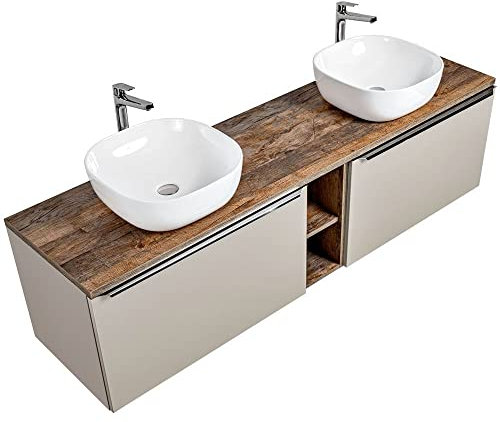 Lomadox Badmöbel Waschtisch-Unterschrank Set 180cm, Taupe mit Vintage Oak Eiche, 2 Keramik-Waschbecken, 2 Softclose-Schubkästen, Regal, B/H/T 180,4/62,5/46 cm