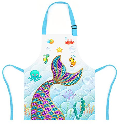 XonyiCos Kinder Jungen Dinosaurier Schürze mit Taschen, Mädchen Schürzen zum Kochen, Malen, Küchenchef Schürze für Kinder 3-12 Jahre (Meerjungfrau, Groß (6-12 Jahre))