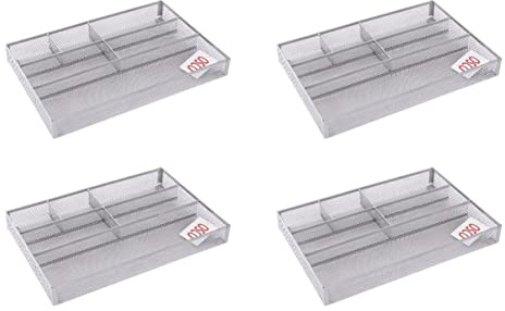 OSCO Wiremesh Desk & Drawer Organiser, 6 Compartments, Ideal for Pens, Makeup, Stationery Caddy & Kitchen Storage, Fits Standard Drawers Compact Design, 33×23×4.4 cm, Silver, 4-Pack