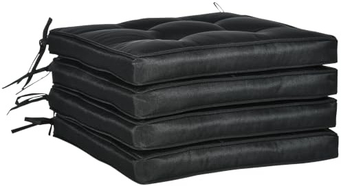 Outsunny Set of 4 Garden Seat Cushion with Ties 42 x 42cm Black | Replacement Seat Pads, for Outdoor Dining Chair