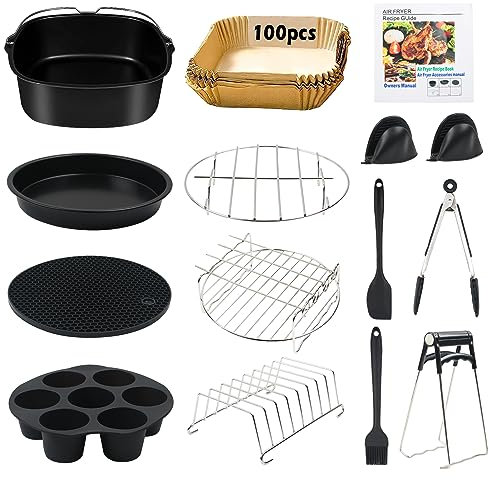 MaxEarn 14STK Heißluftfritteuse Zubehör, 8 Zoll Airfryer Zubehör Set mit Kuchenkorb, Pizzapfanne, Spießhalter, Air Fryer Accessories Luftfritteusen für Ninja Philips Cosori Princess XL 5,5L Fritteusen