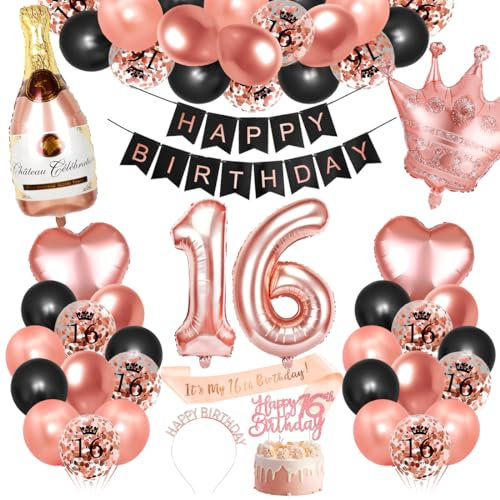 Bluelves 16. Geburtstag Dekorationen Mädchen, Rosegold Schwarz Deko zum 16 Geburtstag, 16 er geburtstag Happy Birthday Banner Girlande Konfetti luftballon,Geburtstagsdeko für mädchen