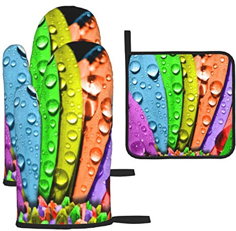 Bunte Blumen Gedruckt Ofenhandschuhe Und Topflappen Sets Von 3 Küche Hitzebeständige Rutschfeste Mikrowelle Ofenhandschuhe Zum Backen Kochen BBQ