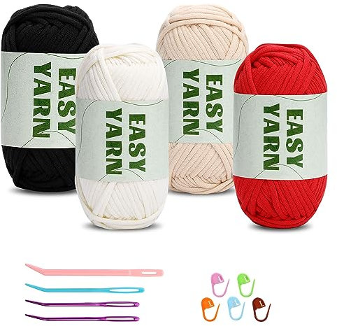 4 X 50g Wolle zum Häkeln Easy Chenille Wolle Zum Häkeln Häkelwolle Dicke Wolle Zum Häkeln gut Sichtbare Maschen, Wolle Zum Häkeln Dickes Garn Baumwoll-Nylon(Weiß + Rot + Beige + Schwarz)