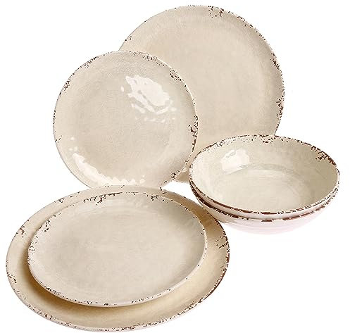 Rustic Pearl Geschirrset 12/6/3 TLG. Melamin Essgeschirr Küche Camping Teller Picknick Beige Braun Weiß (2 Person / 6-teilig)