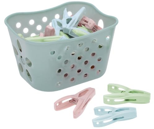 30 pinzas para la ropa, con 1 cesta de almacenamiento para pinzas de la ropa, juego de pinzas de plástico a prueba de viento, pinzas para la ropa, artículos esenciales para el hogar (azul)