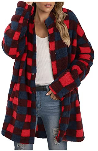 Manteau Femme Manches Longues Colorblock Trench Coat Carreaux Femme Manteau à Carreaux Poches Col rabattu Long Manteau en Laine avec Boutonnière Trench Coat Automne Hiver Manches Longues Parka Outwear