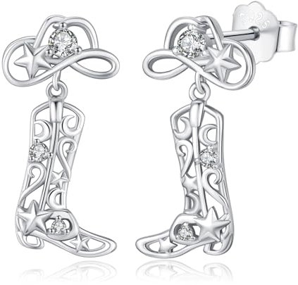 Western Cowgirl Boots Ohrringe 925 Sterling Silber Cowgirl Ohrringe Tropfen Hängend Cowboy Boot Hut Ohrringe Western Schmuck Geschenke für Cowgirl Damen