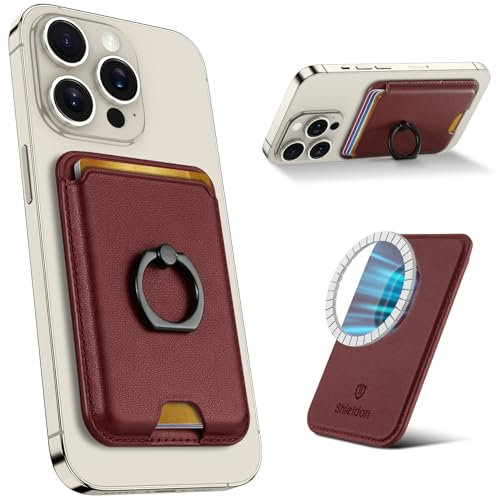 SHIELDON Card Holder Wallet, Real Leather Adhesive Card Holder [RFID Blocking][Secure-Grip Finger Ring] Magnetic Card Wallet with Adjustable Stand Compatible with iPhone 16 Pro/Max/15/14/13 - Wine Red