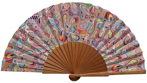 Tusitala Barcelona Spanischer Handfächer Lazos – Holz und Baumwolle – 23 cm – Etui und Hülle aus Jute – Modeaccessoire – Handgefertigt in Spanien – Events und Geschenke – Kollektion Geometries