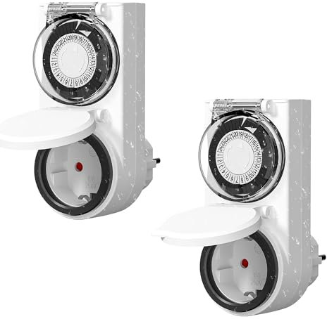 HBN 2X Zeitschaltuhr Steckdose Aussenbereich, IP44 Outdoor Mechanische Timer mit Kindersicherung & Schutzabdeckung, Analoge Tageszeitschaltuhr für Außen, 16A/3.680W
