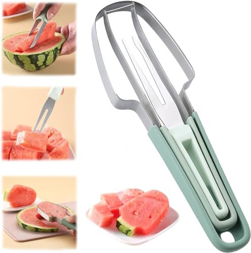 Wassermelonen Schneider, 2024 New 3-in-1 Wassermelonen-Gabelschneider aus Edelstahl, Obstgabeln-Schneidemesser, Sommer Wassermelonen-Fruchtschneidegabel (Green)
