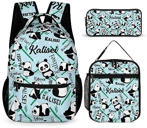 SweetJECCU Mochila de mariposa personalizada con lonchera y juego de estuche, juego de 3 mochilas escolares personalizadas, Panda-1, L, Mochila con fiambrera