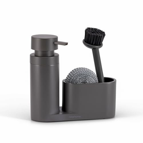 nova home Organizador Fregadero Cocina | Dosificador Jabón Cocina Moderno | Soporte Esponja Fregadero | Incluye Estropajo Antiarañazos y Cepillo de Acero Inoxidable | Diseño Minimalista Gris Oscuro