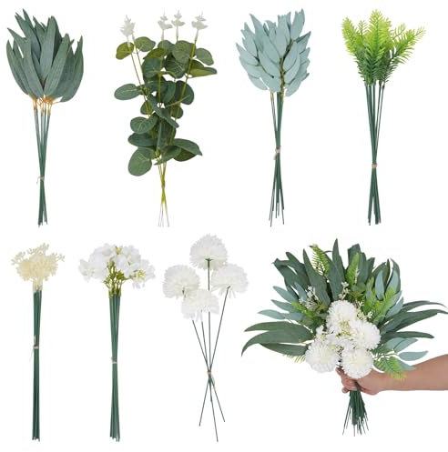 GlauStalos 59 Pezzi Fiori Finti per Decorazioni, Fiori a Piante Artificiali, Eucalipto Ortensie Finte Realistich per Tavolo Centrotavola DIY Composizione Floreale Bouquet Da Sposa Matrimonio