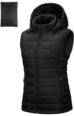 Outdoor Ventures Damen Steppweste mit Kapuze Packbare Übergangswesten Gefütterte Hybrid Sportweste Frau Warme Fahrradweste mit Stehkragen für Wandern Camping Schwarz M
