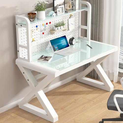 Bureau d'ordinateur en Verre trempé, Bureau à Domicile avec Panneau perforé et étagères de Rangement, Grande Table de Travail d'étude et d'écriture (80 cm, Blanc)