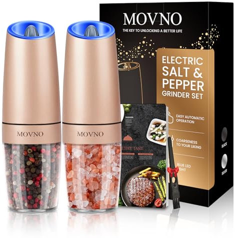 Gravity Electric Salt and Pepper Grinder Set, Battery Powered LED Light One Hand Automatic Operation, Adjustable Coarseness Mill Grinders Shakers Black (C.Gold 2P)