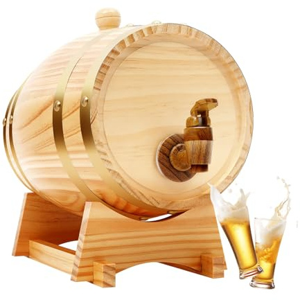 OUBUBY Tonneau en chêne de 3 litres pour vin, whisky et eau-de-vie, carafe à whisky classique en bois de 3 l, avec robinet et support en bois, petit fût à vin, 16 cm (D) × 23,5 cm (H) (3 L)