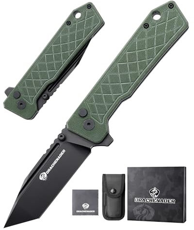 DRACHENADER Einhandmesser IE-BR, Taschenmesser mit Buttonlock, 14C28N Stahl Tanto Klappmesser mit Clip, Nylontasche für Camping, Klinge Schwarz + G10 Griff Grün