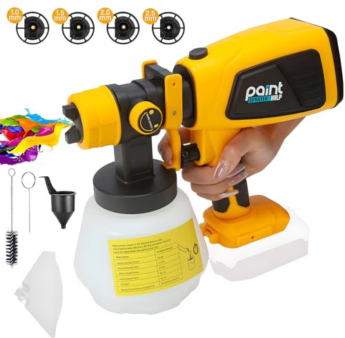 HVLP Cordless Paint Sprayer for DeWALT 18V/20V Li-ion Battery, 4 Copper Nozzles, Electric Spray Paint Gun for Home Interior & Exterior, Fence Furniture Wall - Battery Not Included (Yellow)