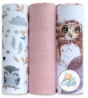 Ega Kids Mullwindeln für Babys, Eulen & Blumen, Rosa, 3er Set