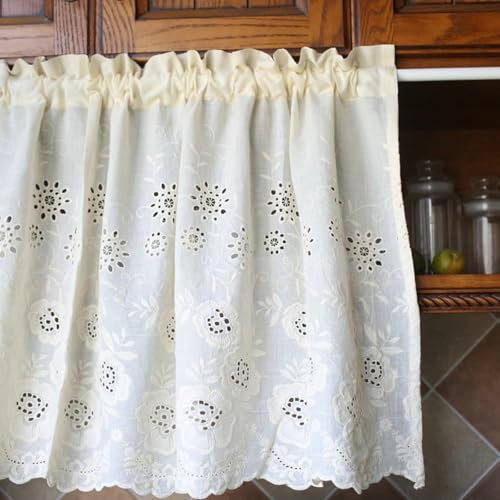 KnSam H53xB60 Scheibengardinen & Kurzstores Blickdicht, Stickerei mit Blumen Muster Beige Schiebegardinen Kurz Vintage 1er, Rod Pocket Baumwolle Verdunkelungsvorhang für Küche