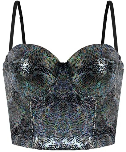 Damen Bustier Korsett Pailletten Sexy Spaghettiträger BH mit Gepolstert Crop Top Push Up Bralette Shapewear Party Club Tank Weste Punk Gothic Schwarz - S