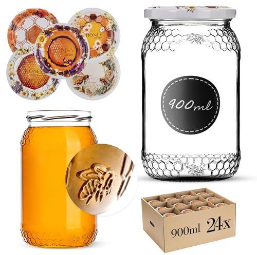 KADAX 24st Honiggläser 1260g (900ml) mit Deckel fi82mm für Lebensmittel, Honig, Marmelade, Früchte, Vorratsglas, Neutrales Schraubglas Imkerhonig (Blütenhonig, 24 Stück)
