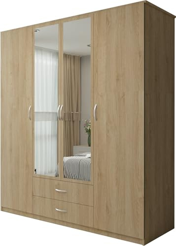 MN Furniture Modern 4-Door Mirrored Wardrobe with Shelves & Drawers| 171cm Wide | Space-Saving Hinged Doors | Storage Cabinet in White/Black/Grey/Oak Finish | Modern Bedroom Organizer (Oak, 171cm)