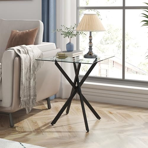 GOLDFAN Bout de Canape Carré en Verre, Table d'Appoint de Salon Design Style Moderne (Verre Transparent, 40 x 40 x 45 cm)