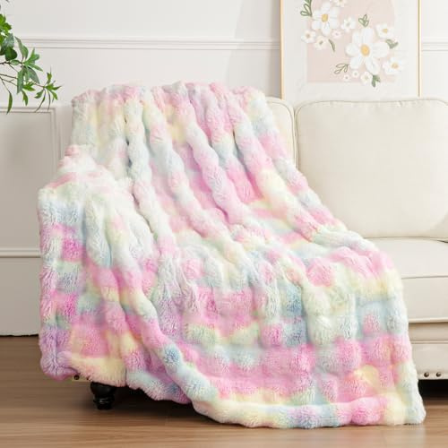 Enyhom Bubble Decke 152x203 cm Regenbogen, Kaninchen Fellimitat Flauschig Weiche Warme Kuscheldecke, Sofadecke für Sofa Couch Bett Haustier Schlafzimmer Wohnzimmer Deko