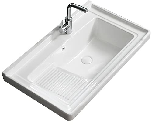 Fregadero grande rectangular de cerámica para balcón, lavabo semiempotrado con lavadero y grifo