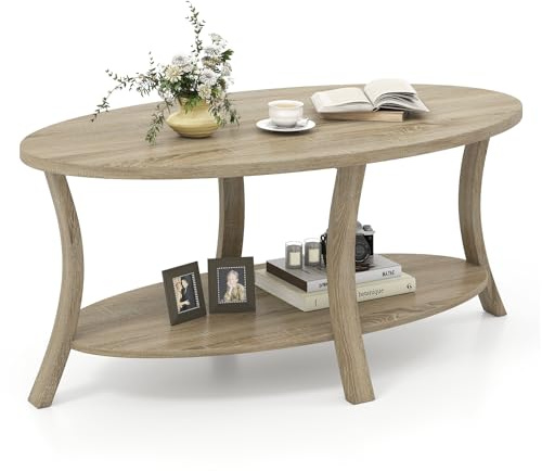 COSTWAY Couchtisch, ovaler Wohnzimmertisch mit Ablage, 2-stöckiger Beistelltisch, Sofatisch, Kaffeetisch für Wohnzimmer, Büro, Empfangsbereich, 111 x 60,5 x 47 cm (Eiche)