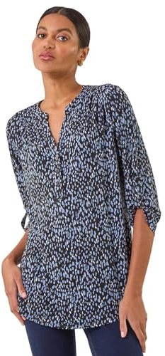 Roman Shirt for Women UK Ladies Top Collarless Blouse Stretchy Tunic Smart Casual Autumn Winter Jersey 3/4 Length Sleeve Notch V Neck Flattering Office Work - Blue Noir - Size 16