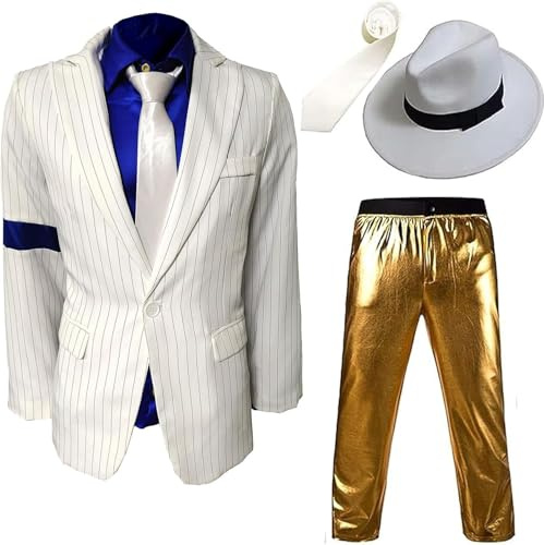 ZBH1985 White Smoothy Crimin-Kostüm für Kinder und Erwachsene Cosplay Anzugjacke mit Hose Hemd Krawatte Fedora-Hut Armband Gold Weiß Nadelstreifen Anzug S
