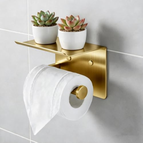 DIYZON Porta Carta Igienica con Ripiano, Accessori da Bagno in Acciaio Inox, Autoadesivo e Senza Foratura o Montaggio a Vite Portarotolo (Oro)