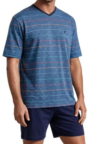 hajo Herren Schlafanzug – Premium Cotton, 100% Baumwolle, Gestreiftes Kurzarm-T-Shirt mit V-Ausschnitt & Kurze Hose mit Gummizug – Bequemer, Weicher Schlafkomfort für Entspannte Nächte