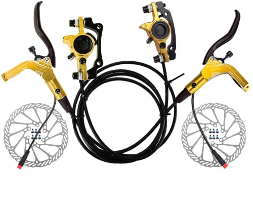 Set freni a disco idraulici, anteriore sinistro 89 cm e posteriore destro 157 cm, set freni idraulici per bici elettrica in lega di alluminio con rotori da 160 mm (Gold)
