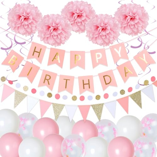 SUNBEAUTY 36 Stück Rosa Geburtstags Deko Set Happy Birthday Girlande with Happy Birthday Banner Geburtstag Seidenpapier Pompons Wimpelkette Perfekt für Mädchen-Geburtstage, Baby-Partys & Feiern